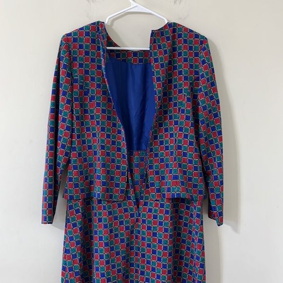 Vintage Talbots Red Blue Green Check Long Sleeve Tiered Overlay Dress Size 8P - Picture 7 of 8